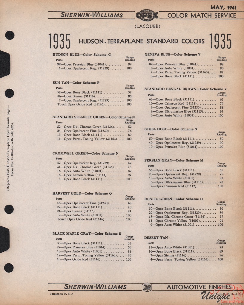 1935 Hudson Paint Charts Williams 2